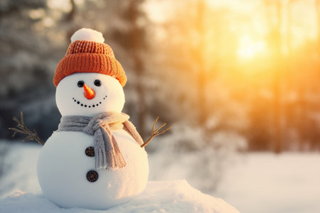 Cheerful little snowman in hat and scarf outdoors on sunny winter dayの素材