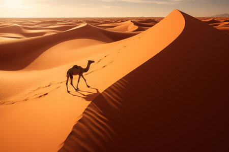 Camel going through the desert at sunset, beautiful light, long shadowsの素材