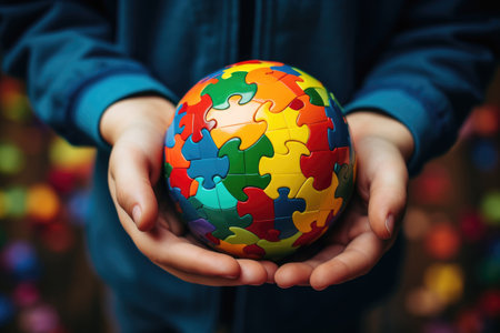 Girl holding rainbow colored puzzle Earth globe in her hands. Autism spectrum disorder. World autism awareness day conceptの素材
