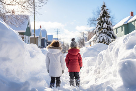 Happy cheerful children playing in snow. Outdoor winter activities for kidsの素材