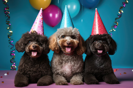 Creative animal concept. Poodle dog puppies in party cone hat and necklace bowtie outfit isolated on solid pastel background with copy text space. Birthday party invite invitationの素材