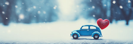 Blue toy car with red heart on winter snowy background. Valentine's greeting card.の素材