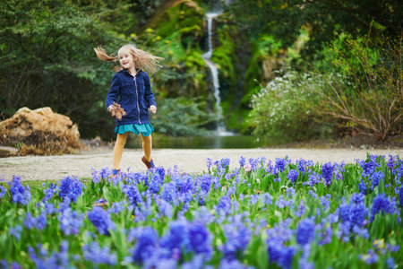 Adorable preschooler girl enjoying nice spring day in park during hyacinth blooming season. Outdoor springtime activities for kids. Little child exploring natureの写真素材
