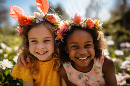 Happy cheerful multiracial children wearing bunny and flower hear decorations on a sunny spring day outdoors. Seasonal spring holidays, Easter celebrationの素材