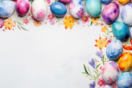 Colored Easter eggs with beautiful flowers on solid background. Seasonal spring holidays, Easter celebrationの素材