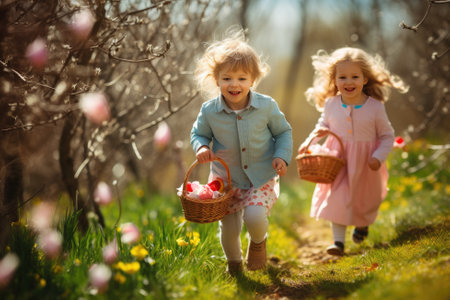 Children playing egg hunt on Easter. Kids gathering colorful eggs in basket. Little kids celebrating Easter outdoors in park or forestの素材