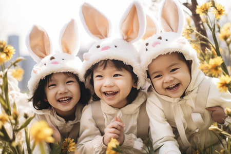 Happy cheerful multiracial children wearing bunny and flower hear decorations on a sunny spring day outdoors. Seasonal spring holidays, Easter celebrationの素材