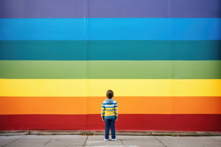 Boy standing near rainbow colored wall. Mental health, neurodiversity, autism spectrum disorder (ASD) or ADHD conceptの素材