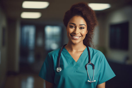 Healthcare provider, doctor or nurse wearing blue scrubs in the hospital wardの素材