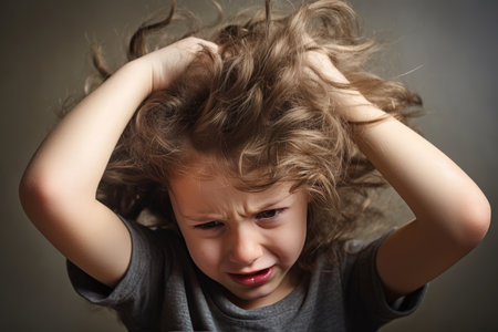Little child scratching his head because of the lice.の素材