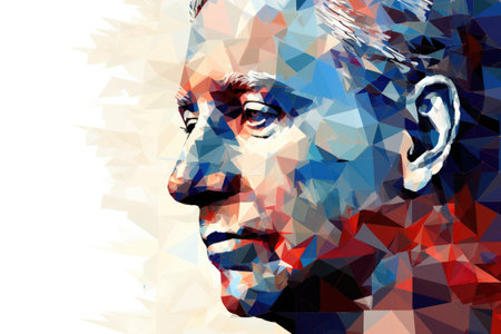 Closeup of male face made from colorful triangles.の素材