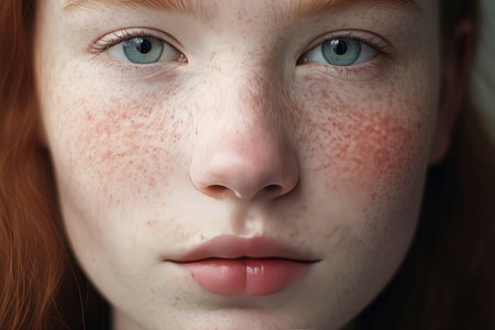 Closeup of a young girl face with healthy skin and freckles.の素材