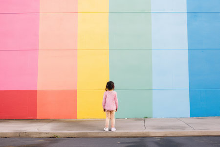 Girl standing near rainbow colored wall. Mental health, neurodiversity, autism spectrum disorder (ASD) or ADHD conceptの素材
