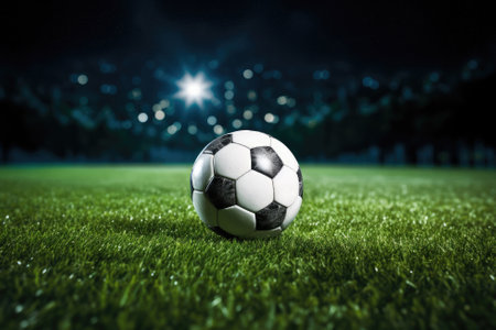 Black and white soccer ball on green grass in the center of a stadium, illuminated by spotlights.の素材