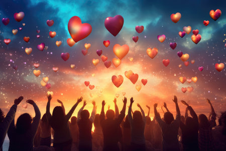 People reach their hands to colorful hearts in the sky, volunteer and humanitarian help concept, charity and friendship, support teamwork.の素材