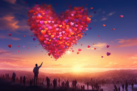 People reach their hands to colorful hearts in the sky, volunteer and humanitarian help concept, charity and friendship, support teamwork.の素材