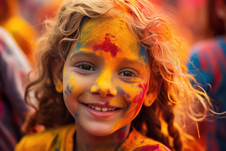 Holi color festival. People celebrating the Holi festival of colors and throwing multicolored powder in the air. Spring Festival. The Hindu festival of colors in India or Nepal.の素材
