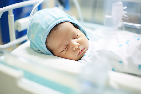 Newborn infant asleep in crib in delivery room.の素材