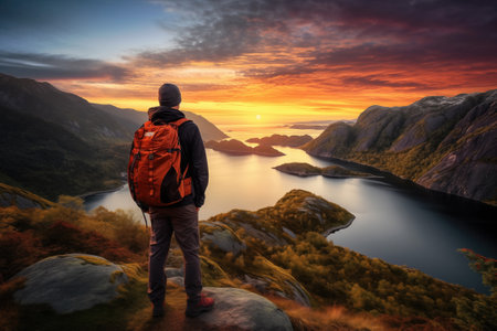 Back view of tourist standing on top of a rock and enjoying fascinating view with mountains and lakes around. Concept of adventure in Scandinavian countries.の素材