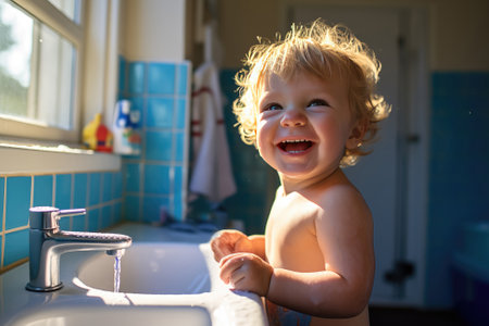 Happy toddler boy with toothbrush standing by bathroom sinkの素材