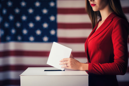 Woman hand putting a ballot into a voting box during elections in the USAの素材
