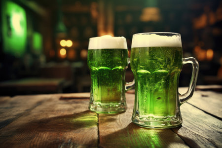 Two glasses of green beer on a bar counter. St. Patrick's Day concept.の素材