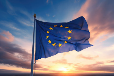 Closeup of European union flag fluttering on the wind.の素材
