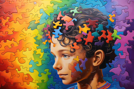 Little boy with colorful puzzle pieces in his hair, depicting the concept of neurodiversity, autism spectrum disorder (ASD) or ADHDの素材