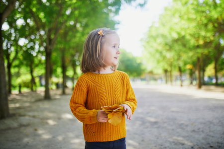 Preschooler girl in yellow sweater holding bunch of colorful autumn leaves in park on a fall dayの写真素材