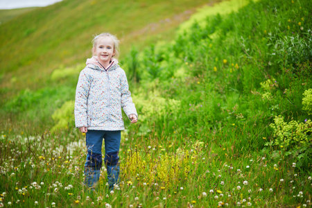 Adorable preschooler girl having fun on a meadow with flowers on a summer day in Icelandの写真素材