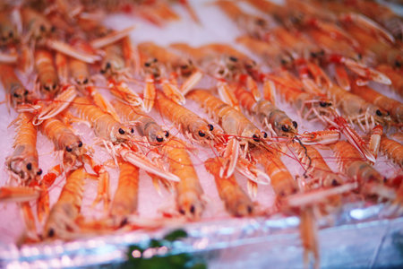 Fresh lobster on farmer market in Paris, France. Typical European fish market