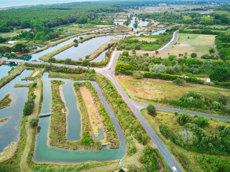 Salterns, areas with hypersaline water for natural salt-works, near Les Sables d'Olonne, department of Vendee, Pays de la Loire, Franceの写真素材