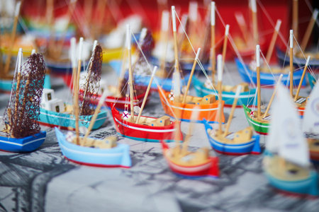 Selection of small wooden boats on market in Helsinki, Finland