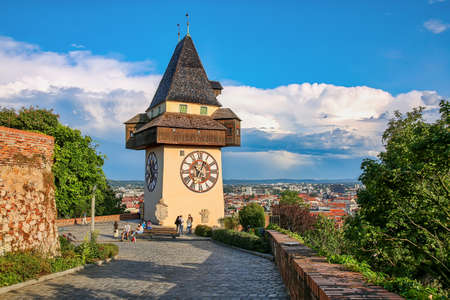 GRAZ, AUSTRIA - July 12th, 2019: Aerial view to the city of Graz with Clock tower, the symbol of the cityのeditorial素材