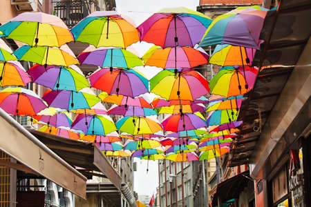 ISTANBUL, TURKEY - October 11th, 2019: Umbrellas street in Karakoy district of Istanbul, Turkeyのeditorial素材