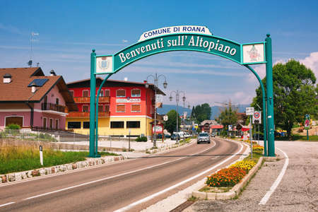 ALTOPIANO DI ASIAGO, ITALY - July 25th, 2019: Welcome sign at the entrance to Asiago Plateau, Vicenza, Italyのeditorial素材