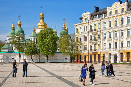 KYIV, UKRAINE - April 25th, 2019: View to Sofiivska square with St. Sophia cathedral and historic buildings nearbyのeditorial素材