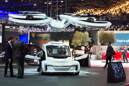 GENEVA, SWITZERLAND - March 7th, 2018: Airbus flying car with attached drones in Airbus exhibition...