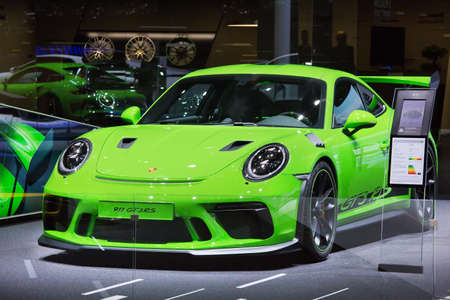 GENEVA, SWITZERLAND - March 6th, 2018: Porsche 911 GT3 RS in Porsche Schweiz AG exhibition site in 88th Geneva International Motor show in Palexpoのeditorial素材