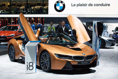 GENEVA, SWITZERLAND - March 7th, 2018: BMW i8 Roadster in BMW AG exhibition site in 88th Geneva...