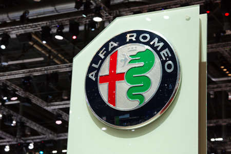 GENEVA, SWITZERLAND - March 7th, 2018: Alfa Romeo corporate sign in exhibition site in 88th Geneva International Motor show in Palexpoのeditorial素材