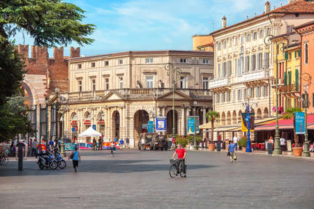 VERONA, ITALY - July 19th, 2019: Pedestrian streets in historic center of the city, typical architecture and atmosphereのeditorial素材