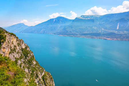Aerial view from Terrazza del Brivido viewpoint upon Lake Gardaの写真素材