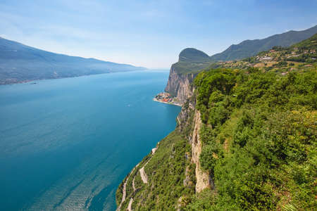 Aerial view from Terrazza del Brivido viewpoint upon Lake Gardaの写真素材