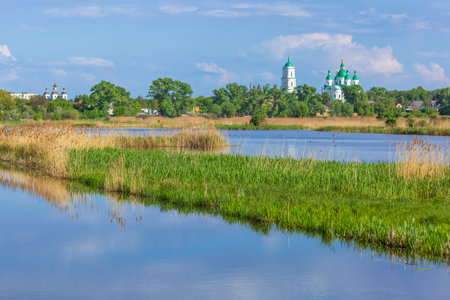 Beautiful white green-domed orthodox church in Ukrainian town of Kozeletsの写真素材