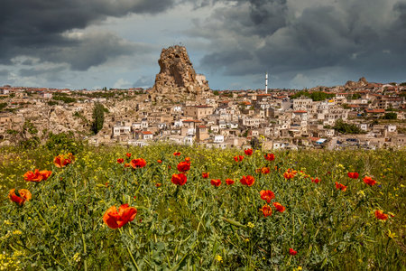 Ortahisar in Cappadocia, popular tourist destination, front view with red poppies in the foregroundの写真素材