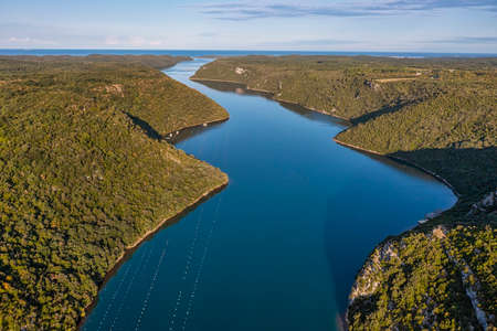 Aerial view to Fjord Lim in Istria, Croatia at sunrise.の写真素材