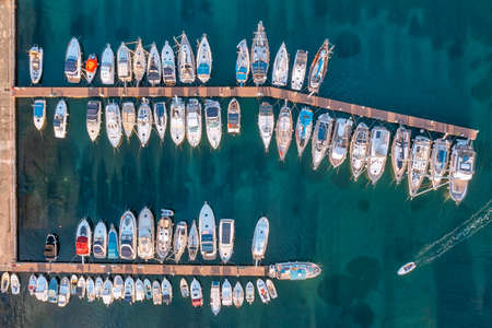Aerial view to Porec marina with many boats. Istria, Croatia.