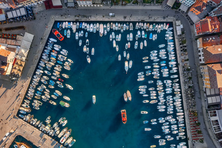 Aerial view to Rovinj marina with many boats. Istria, Croatia.の写真素材