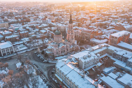 KHARKIV, UKRAINE - December, 23rd, 2021: Aerial view to Annunciation Cathedral in the center of Kharkiv, Ukraine.のeditorial素材